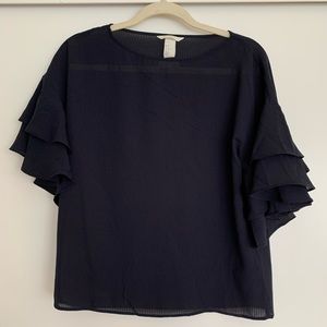 H&M Navy Blue Ruffle Sleeve Top